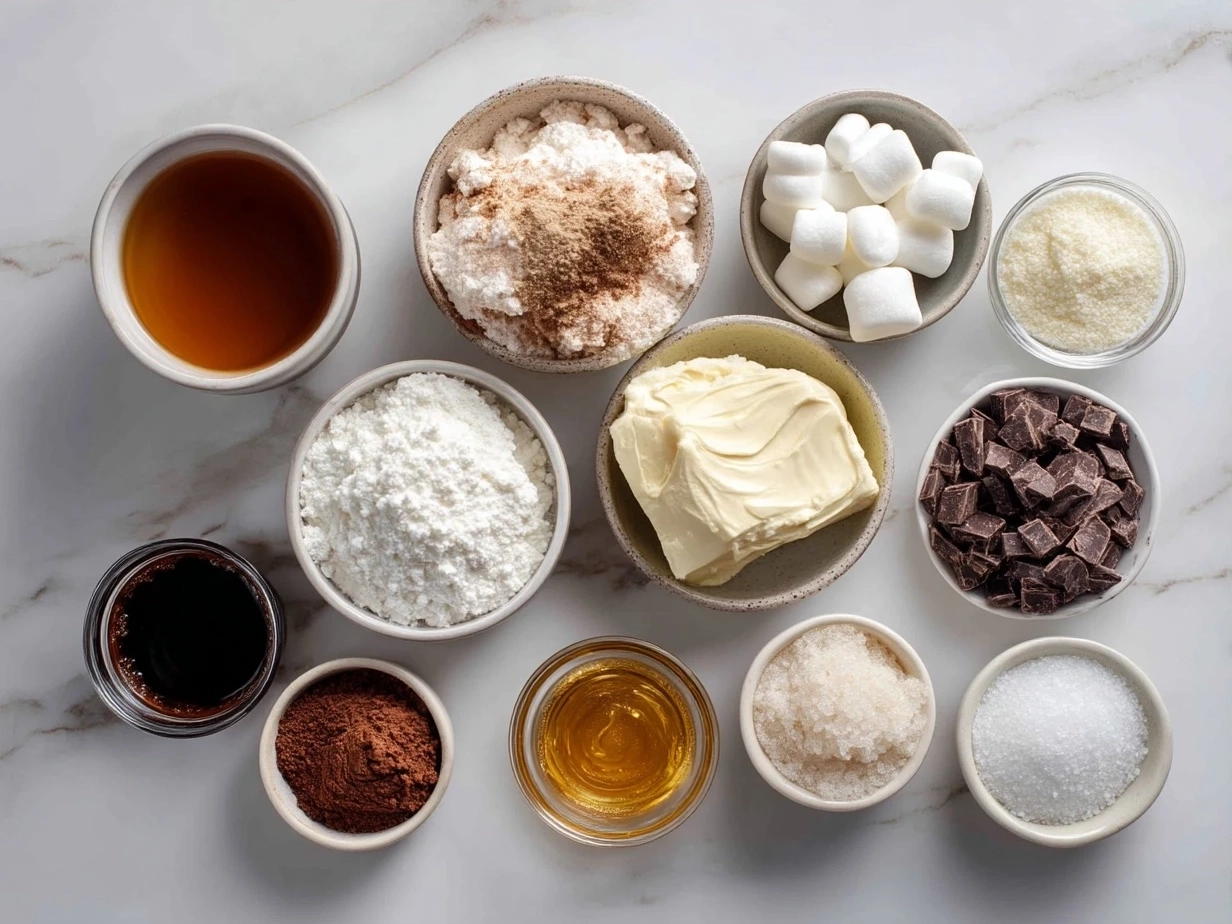 Ingredients for Chocolate Marshmallow Swirl Cookies laid out on a kitchen surface