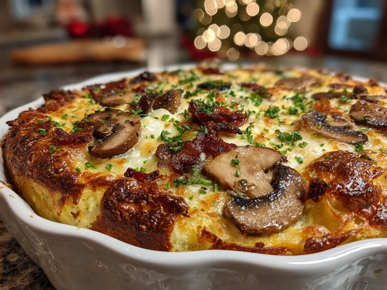Finished Christmas Breakfast Casserole ready to serve on a festive table