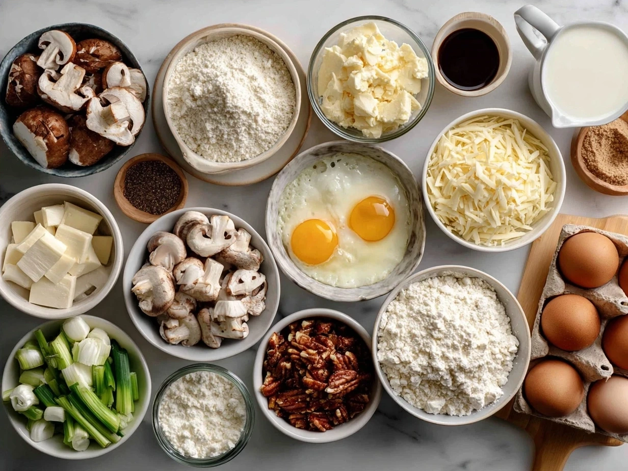 Ingredients for Christmas Breakfast Casserole including eggs, milk, bread, vegetables, cheese, and sausage