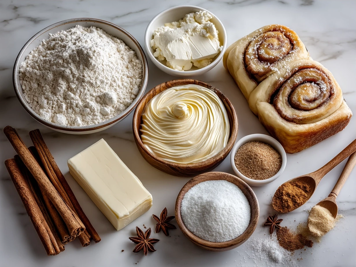 Ingredients laid out for a Cinnamon Roll Pull-Apart Wreath including cinnamon rolls, butter, sugar, and cream cheese
