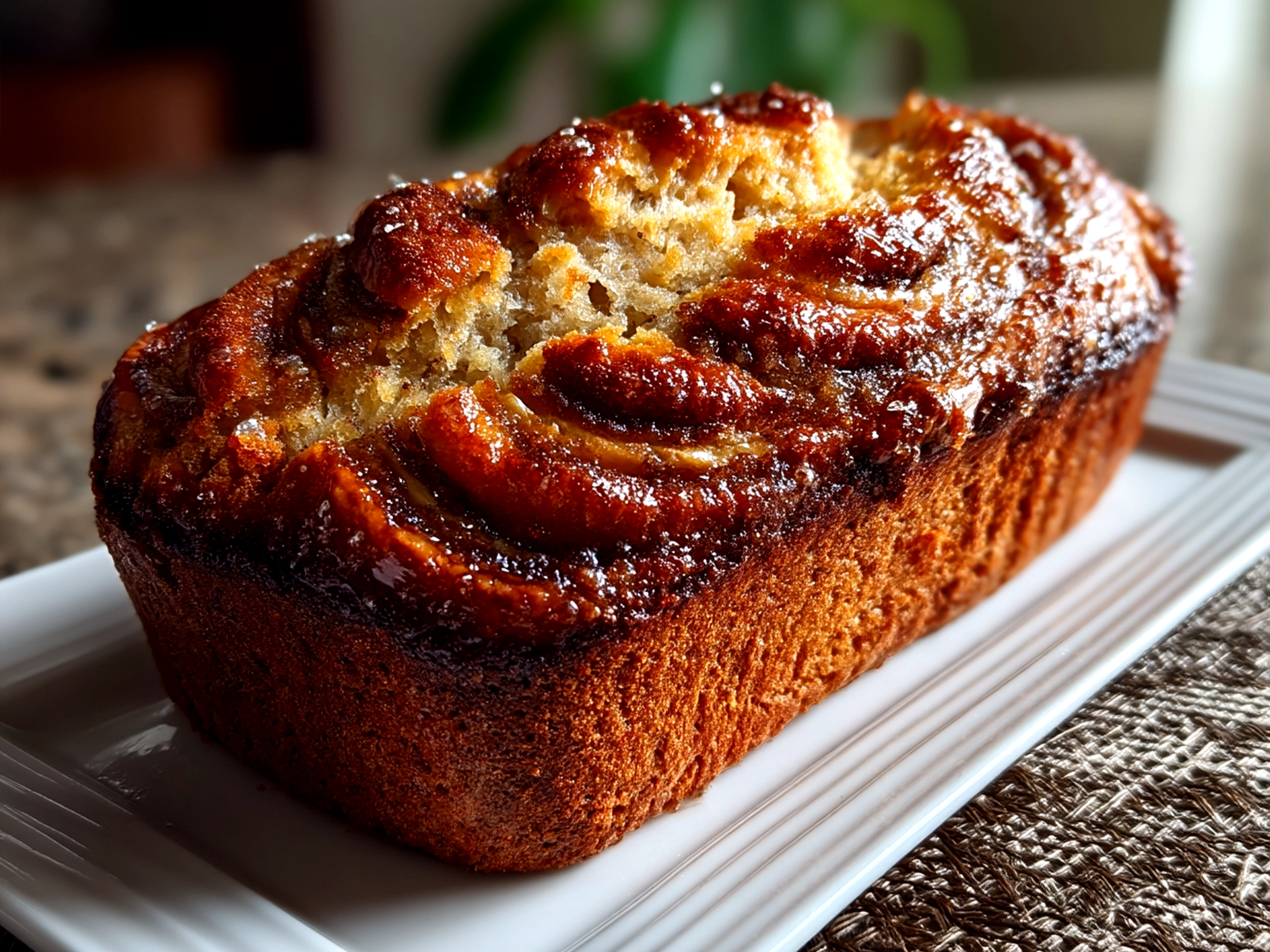A sliced loaf of cinnamon swirl banana bread served with nuts and a spread