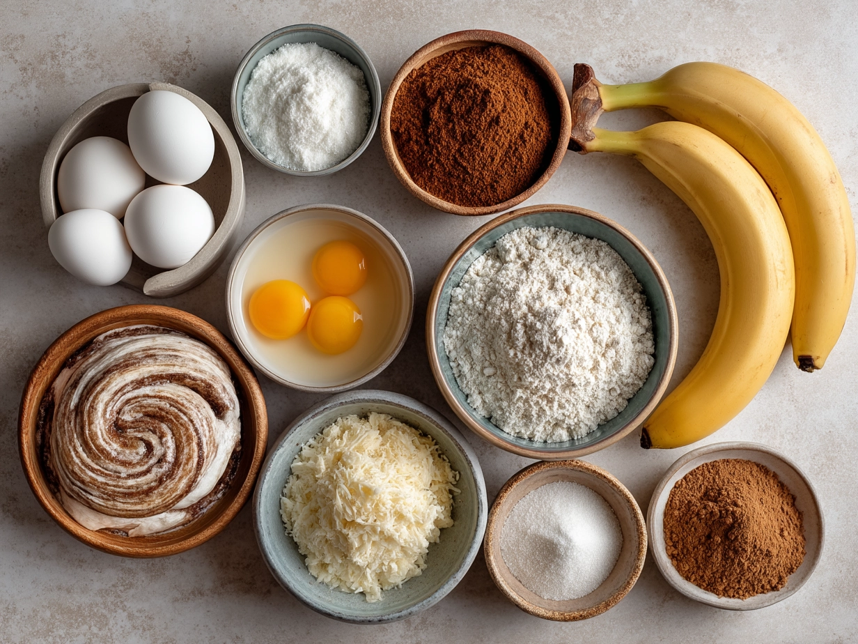 Ingredients laid out for cinnamon swirl banana bread