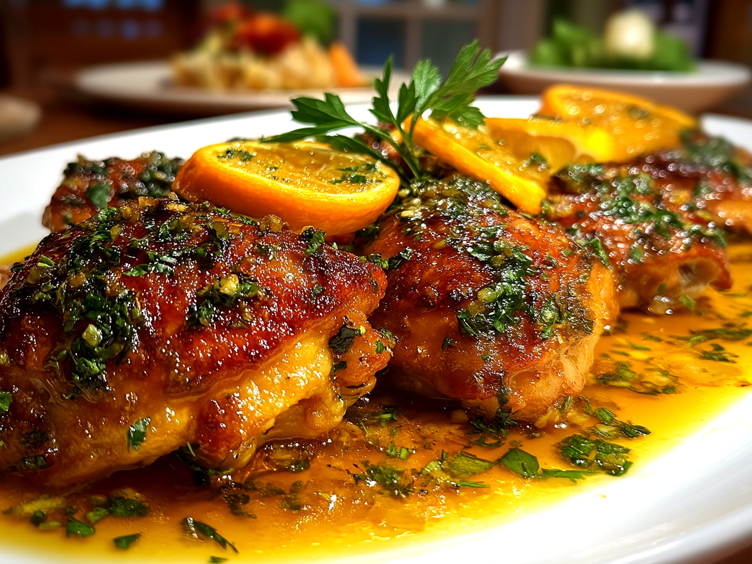 Serving of Citrus Chicken Thighs garnished with fresh herbs alongside a side dish