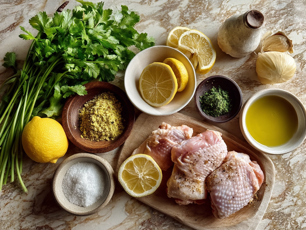 Ingredients for Citrus Chicken Thighs including chicken thighs, lemon, orange, garlic, and spices