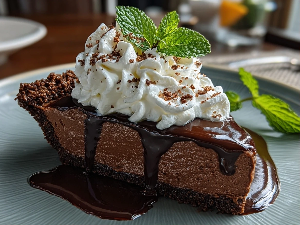 Close-up of finished Chocolate Mint Pie with whipped cream and chocolate shavings garnish