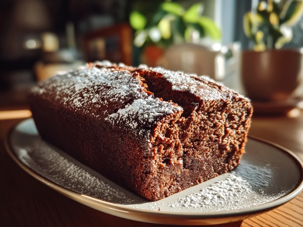 Close-up of finished Hidden Heart Chocolate Loaf Cake showing soft texture and chocolate chip topping