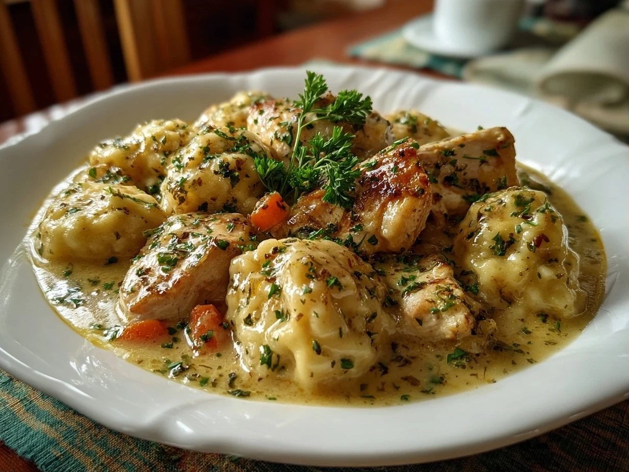 Close-up of comforting chicken and dumplings