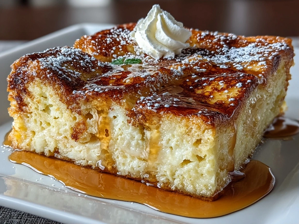 Close-up of freshly prepared French Toast Casserole on white plate