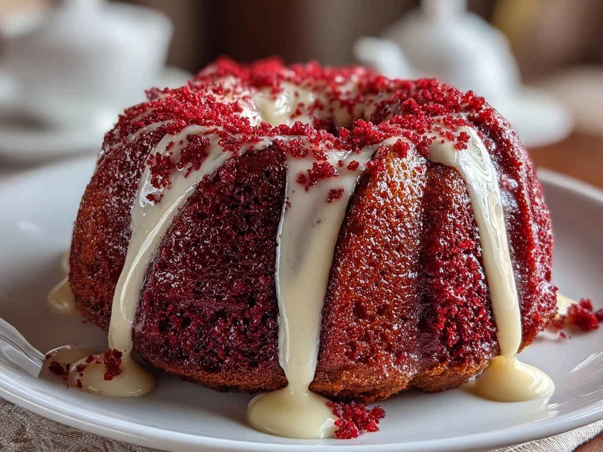 Close-up of Red Velvet Cream Cheese Bundt Cake