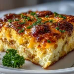 Close-up slight angle of delicious cheesy breakfast casserole on white plate
