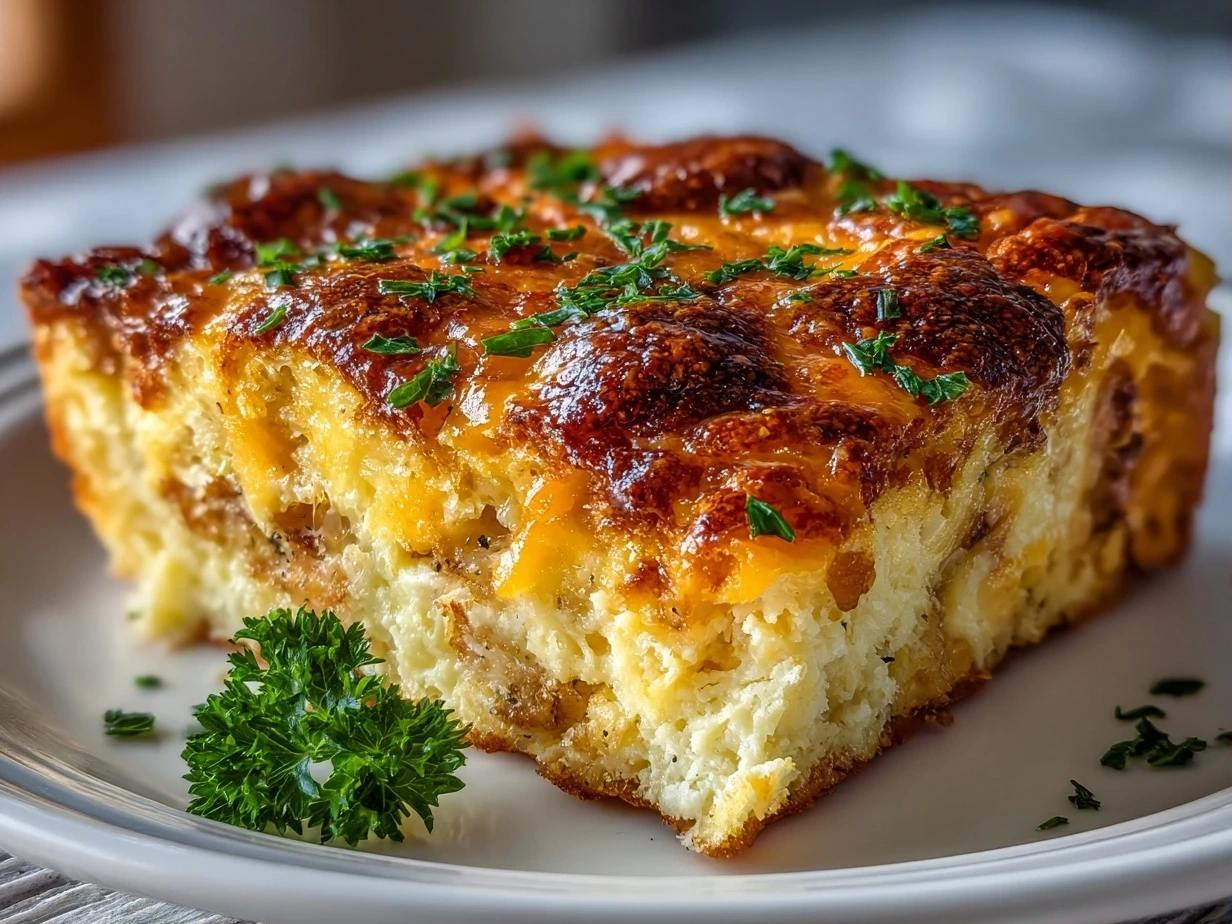Close-up slight angle of delicious cheesy breakfast casserole on white plate