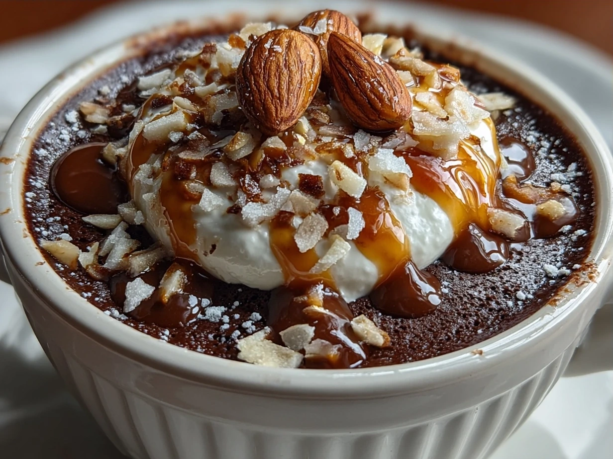 Final creamy Coconut Almond Chocolate Pudding served in a bowl with toppings