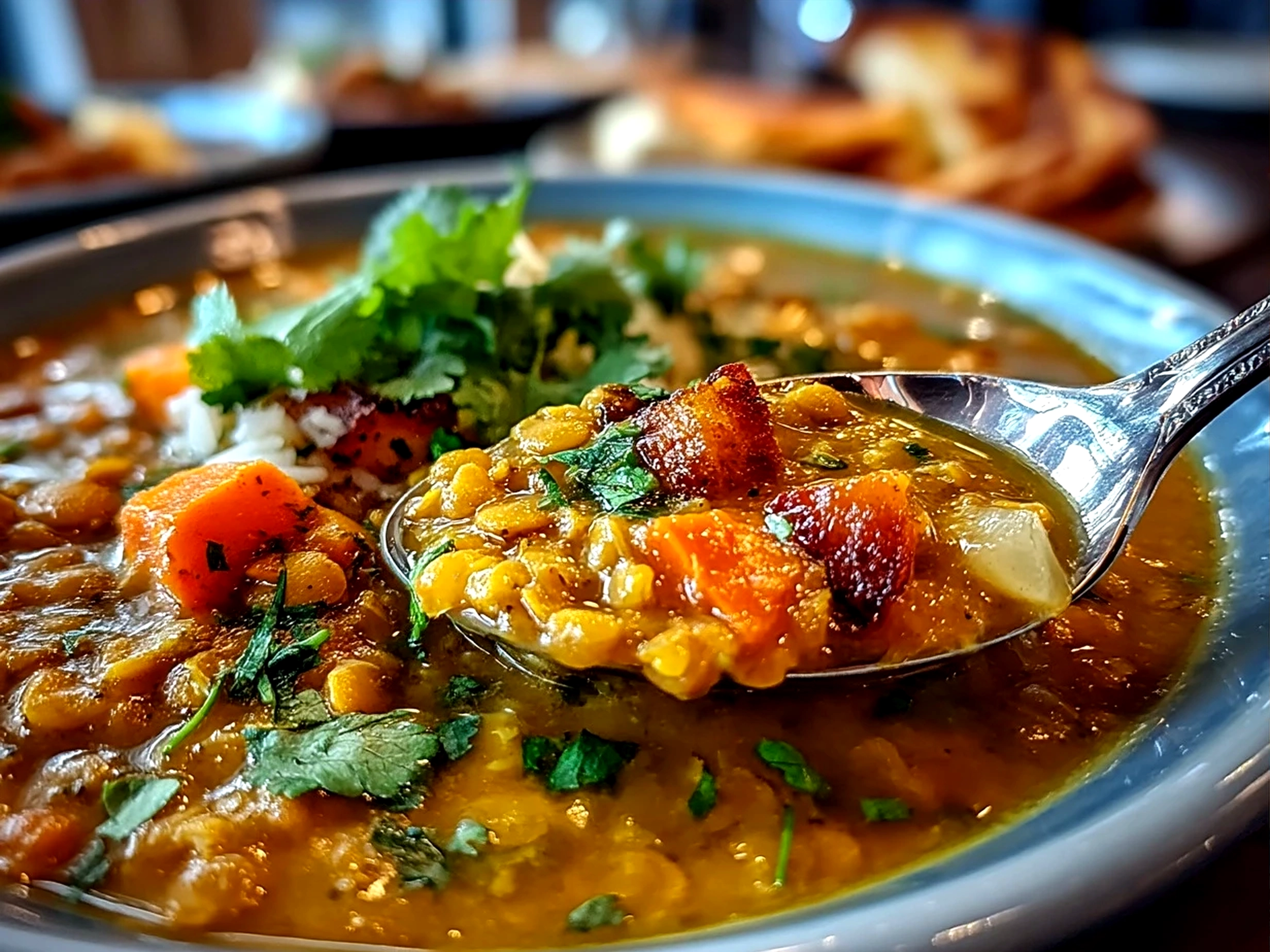 A bowl of creamy Coconut Curry Lentil Soup garnished with fresh cilantro and served with naan bread