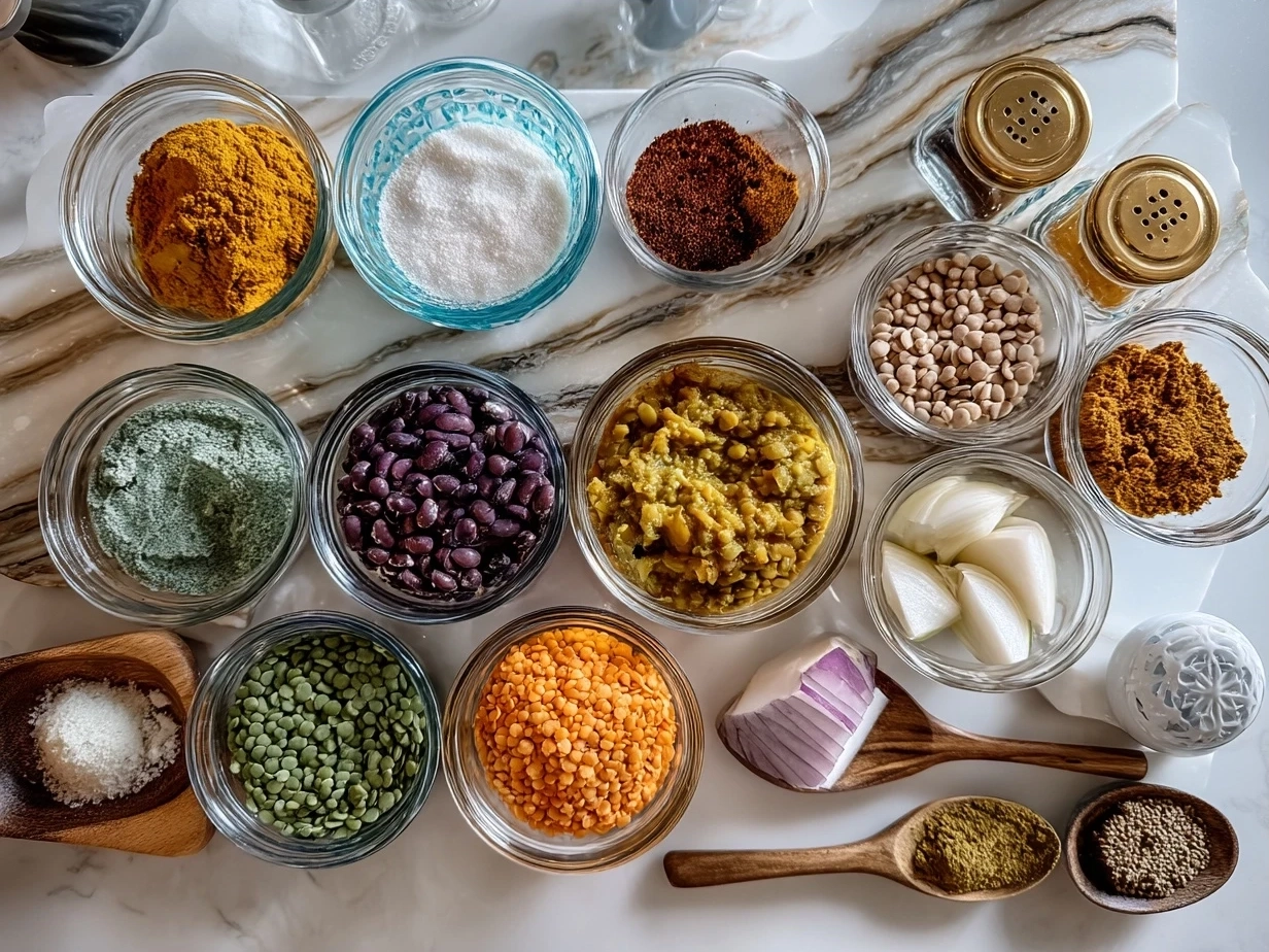 Ingredients for Coconut Curry Lentil Soup laid out on a wooden surface including lentils, spices, vegetables, and coconut milk