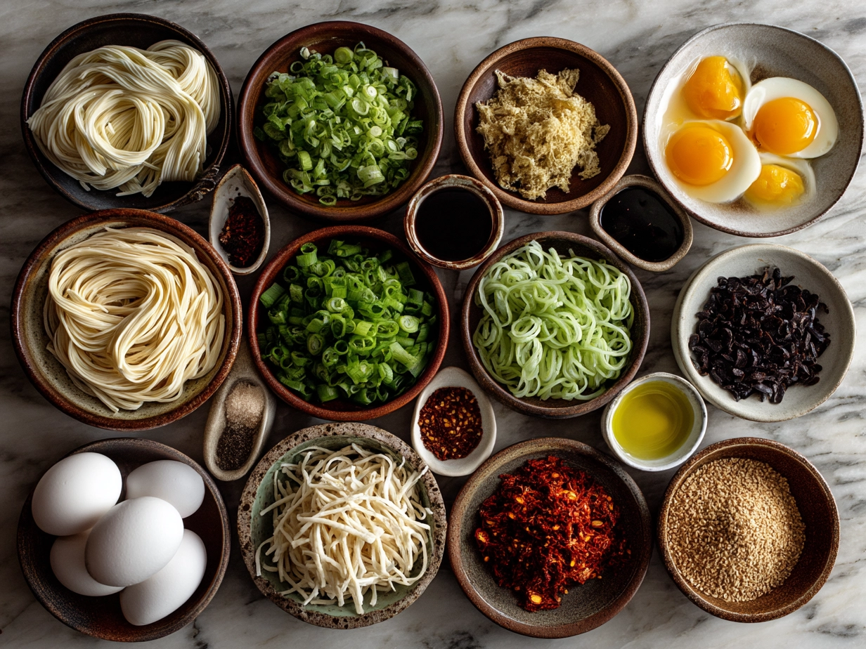 Ingredients for Cold Sesame Noodles including noodles, tahini, soy sauce, sesame oil, rice vinegar, honey, chili garlic sauce, green onions, carrot, cucumber, and sesame seeds