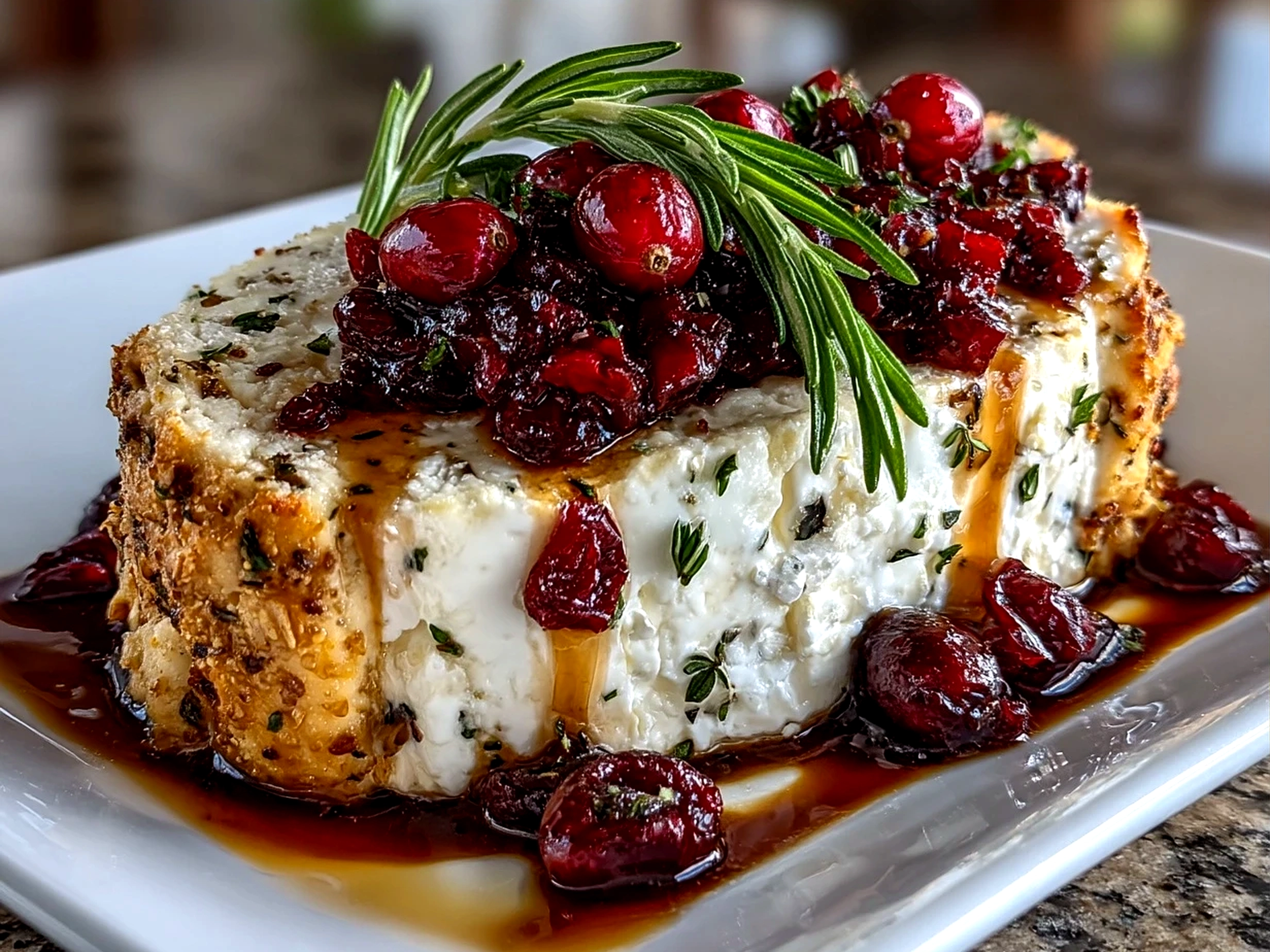 Cranberry goat cheese log served on a board with crackers and fresh apple slices