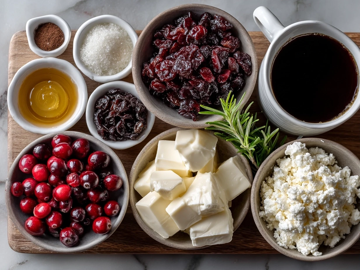 Ingredients for cranberry goat cheese log including goat cheese, dried cranberries, nuts, honey, and fresh parsley