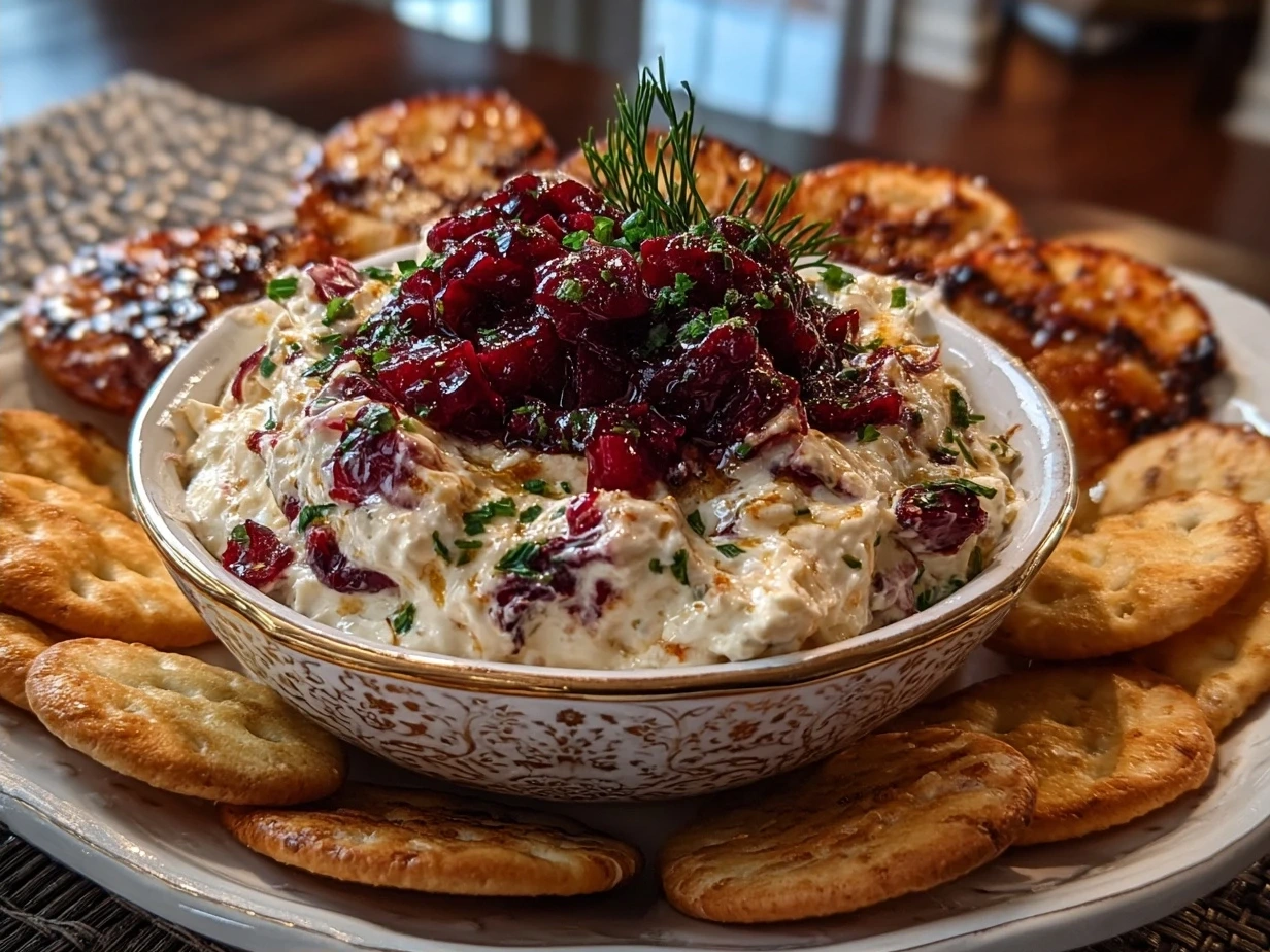Final bowl of vibrant cranberry jalapeño dip ready to serve with crackers and veggies