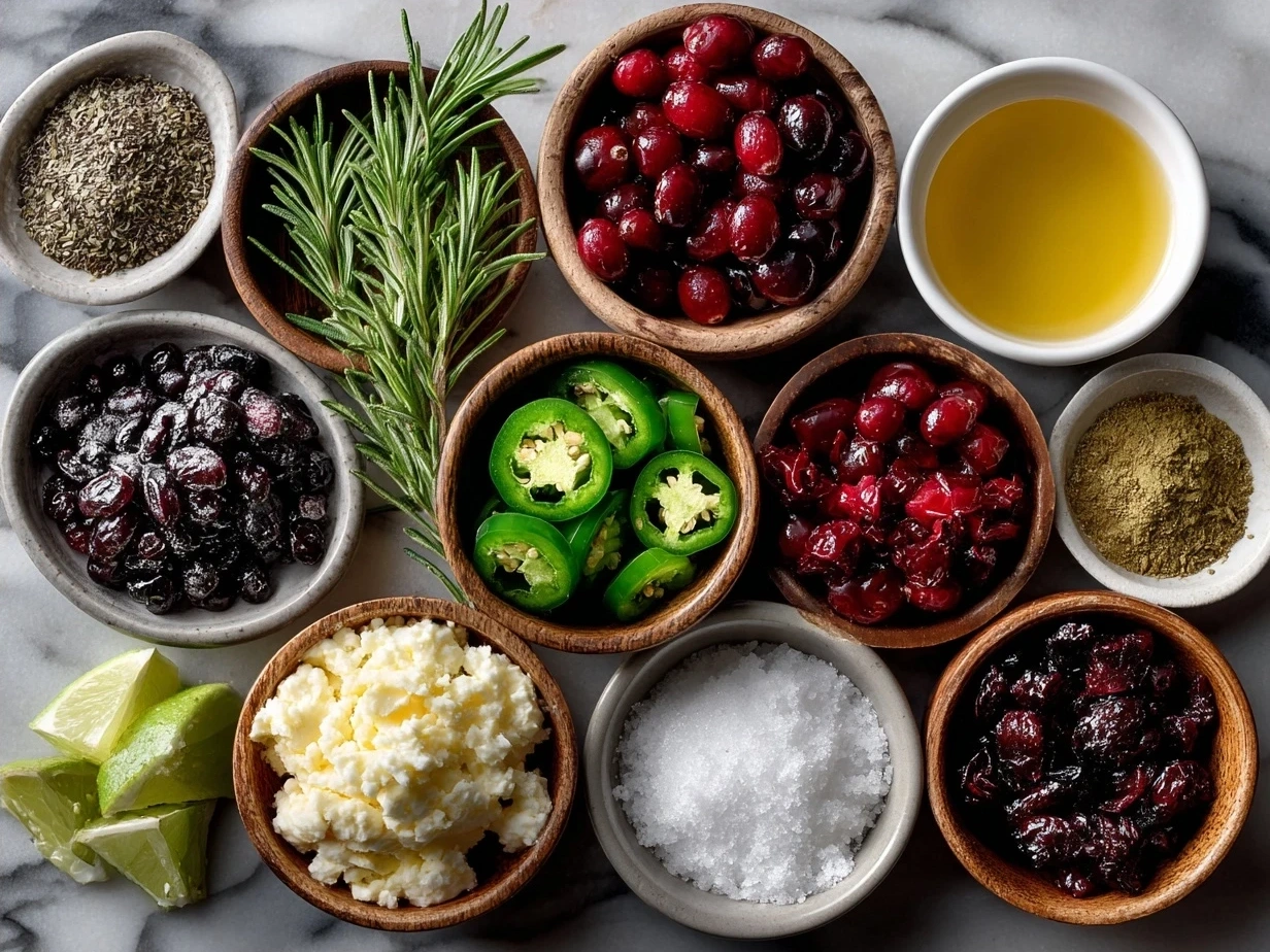 Ingredients laid out for homemade cranberry jalapeño dip including fresh cranberries, jalapeños, cream cheese, honey, lime, and green onions