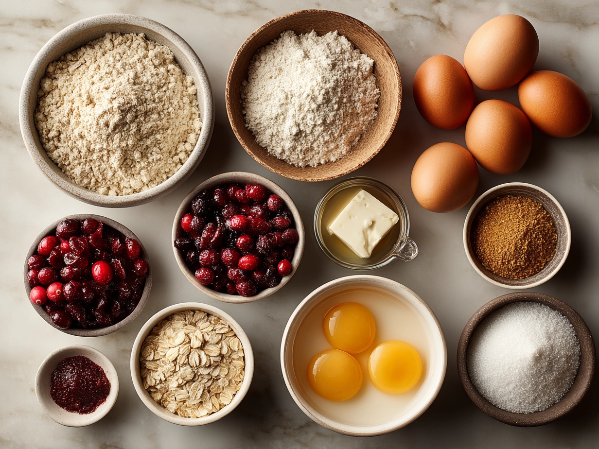 Ingredients for Cranberry Orange Scones showing flour, dried cranberries, orange zest, butter, and other items