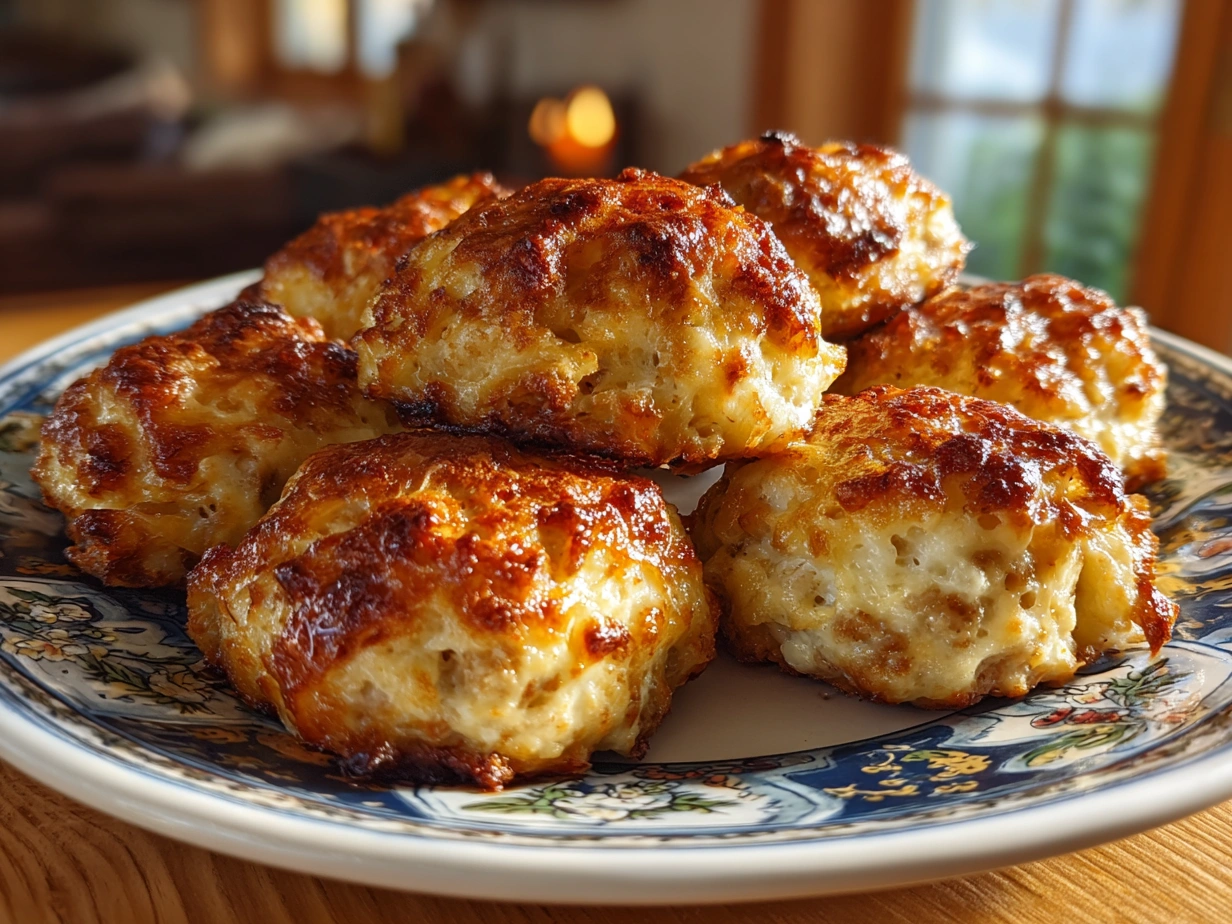 Golden baked Cream Cheese Sausage Balls served on a rustic plate
