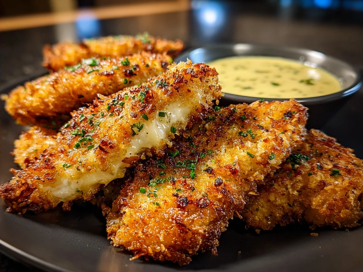 Golden crispy chicken tenders served with creamy dipping sauce on a rustic platter