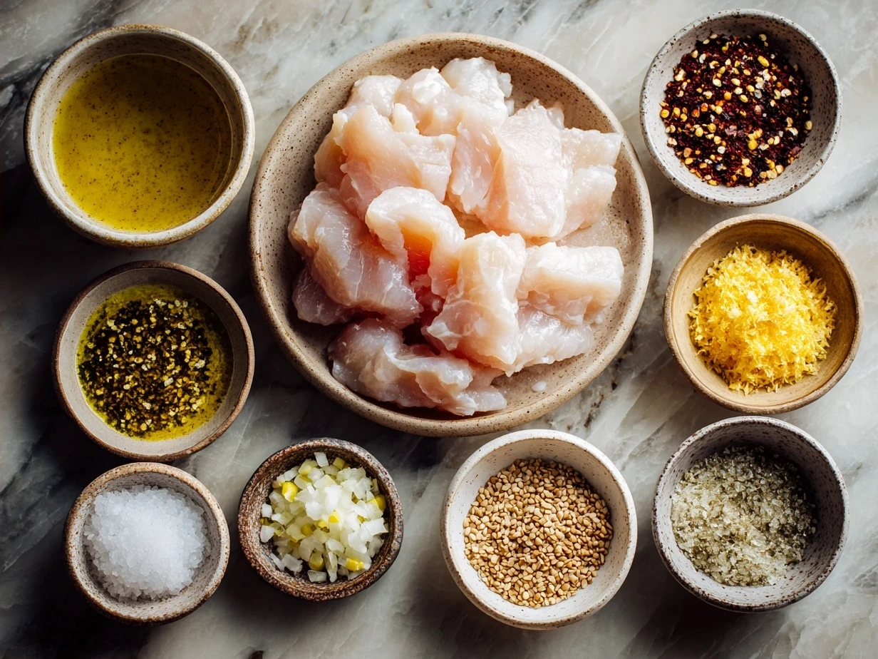 Ingredients for crispy chicken tenders and dipping sauce laid out on kitchen counter