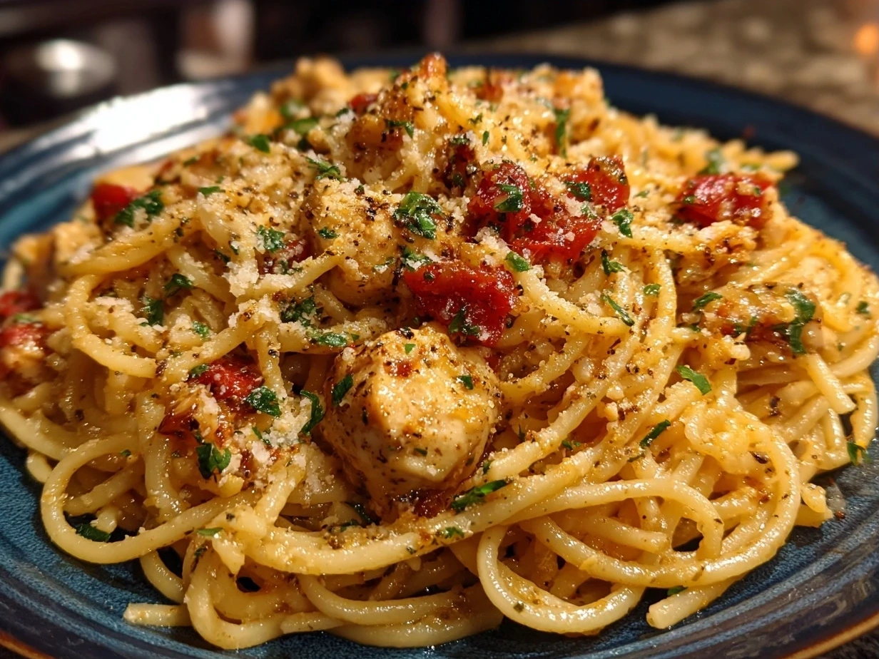Finished Crockpot Chicken Spaghetti served in a bowl