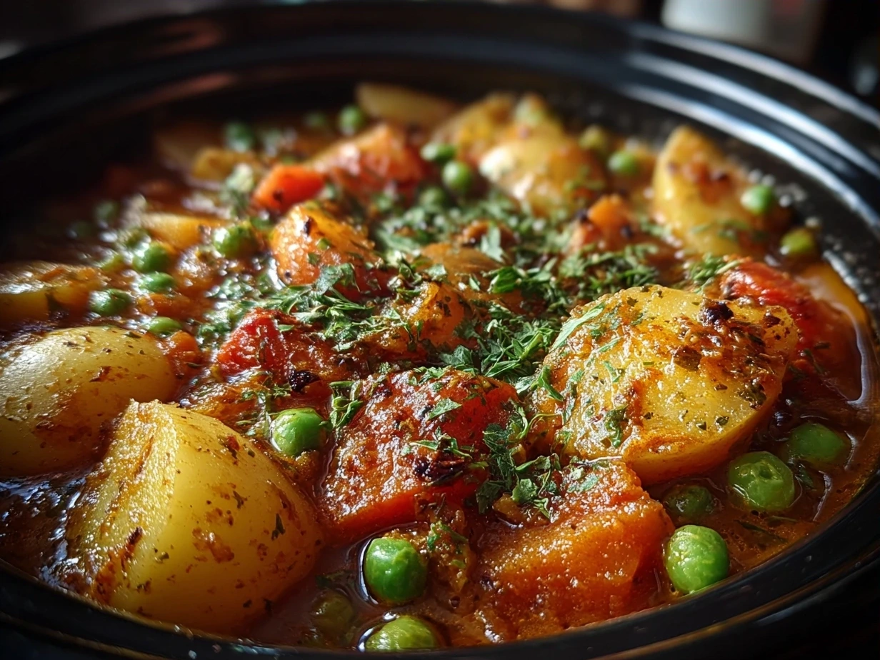 Final serving of Crockpot Potato Pea Curry garnished with fresh cilantro