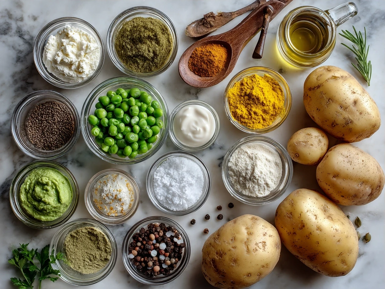 Ingredients for Crockpot Potato Pea Curry including potatoes, peas, onion, spices, and coconut milk