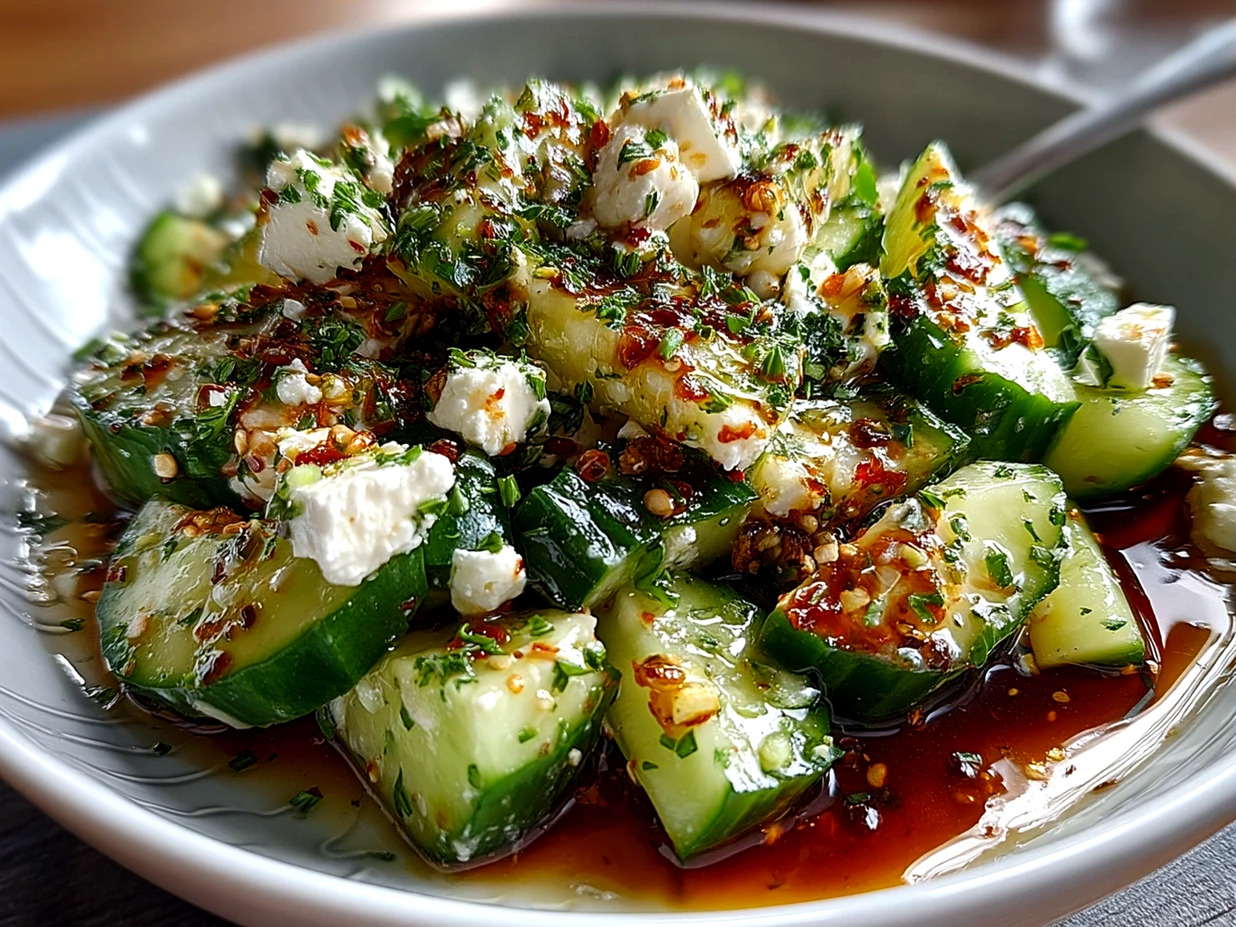 Bright and colorful cucumber feta salad served in a bowl with fresh herbs garnish