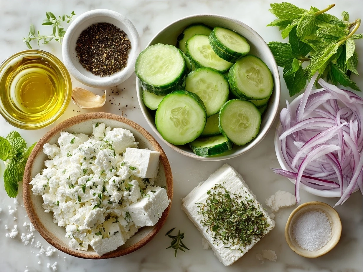 Ingredients laid out for cucumber feta salad including cucumbers, feta, tomatoes, onion, olive oil, and herbs