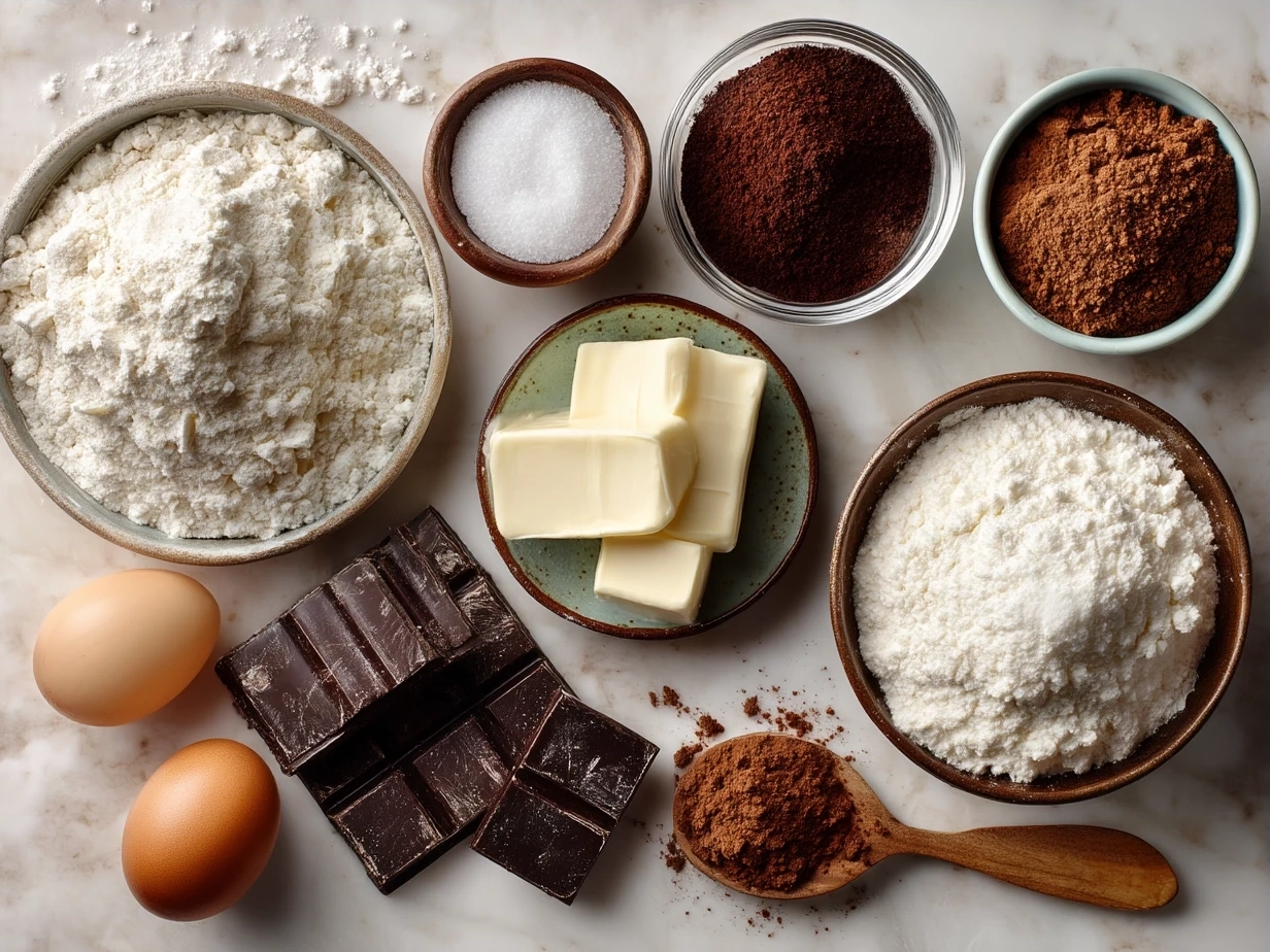 Ingredients for Double Chocolate Cookies including flour, cocoa powder, coconut oil, brown sugar, eggs, vanilla extract, and chocolate chips