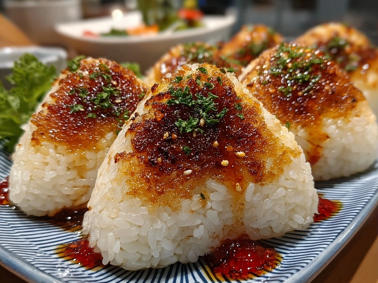Final presentation of Easy Yaki Onigiri rice balls wrapped in nori on a wooden board