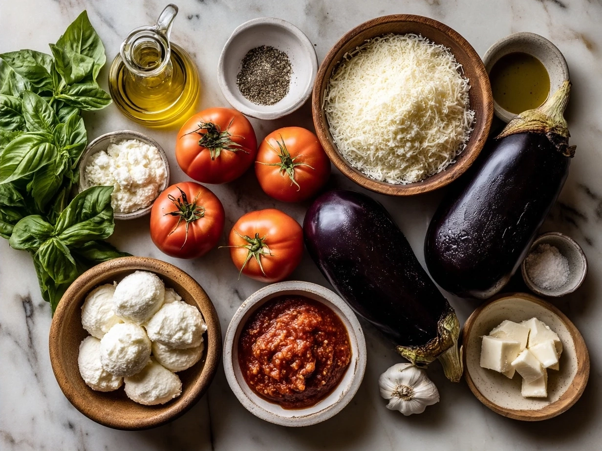 Ingredients for Eggplant Parmesan Stacks including eggplant, marinara sauce, cheese, and fresh basil