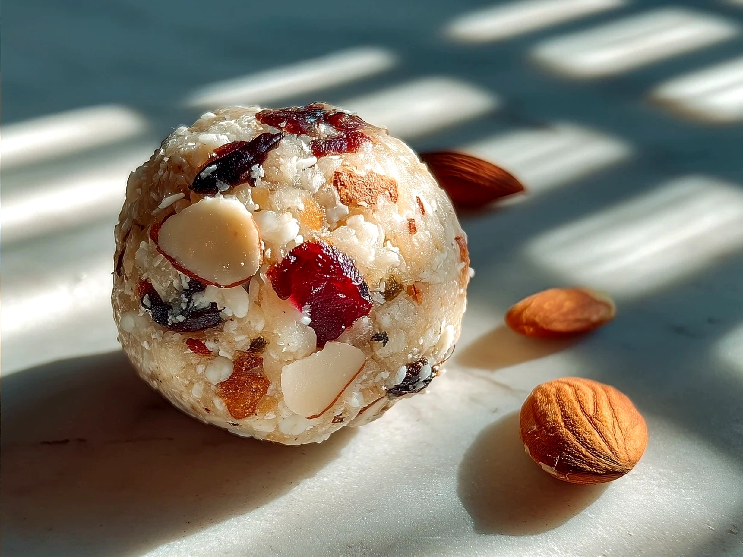 Freshly made Energy Balls served on a plate with nuts and fruit
