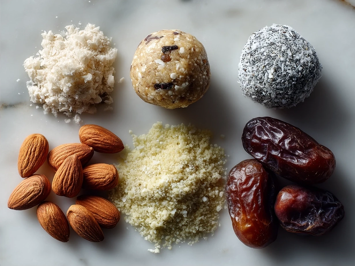 Ingredients for homemade Energy Balls including oats, peanut butter, honey, flaxseed, chocolate chips, vanilla extract, and salt