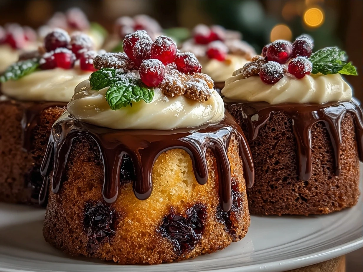 Finished Festive Mini Christmas Cakes with Ganache beautifully displayed on a rustic wooden board