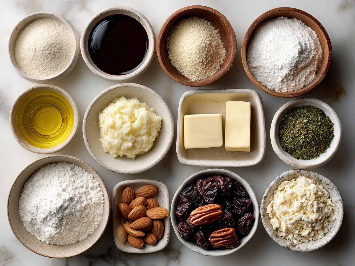 Ingredients for Festive Mini Christmas Cakes with Ganache including flour, spices, eggs, yogurt, nuts, dried fruits, and chocolate ganache components