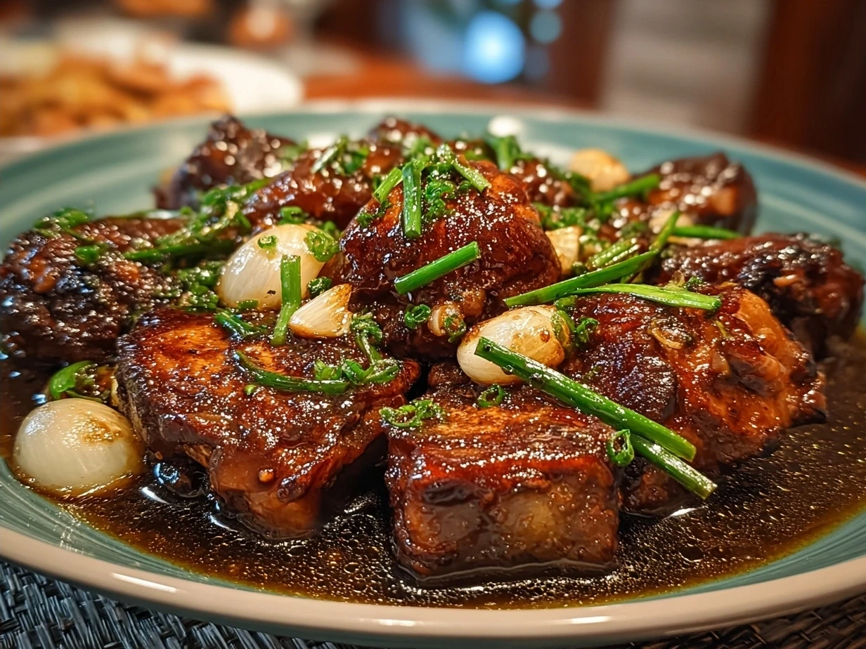 A plate of freshly cooked Filipino Chicken Adobo served with steamed jasmine rice and sautéed greens