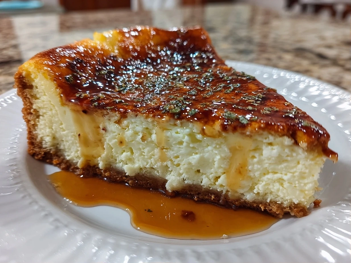 Close-up of finished Brown Butter Cheesecake with creamy texture and golden top