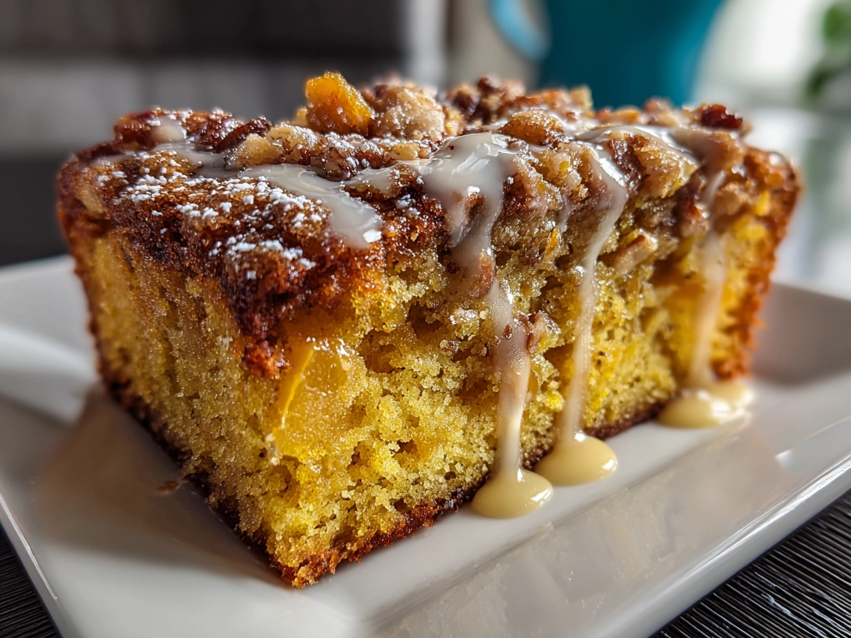 Close-up of finished butternut squash apple coffee cake slice on a plate.