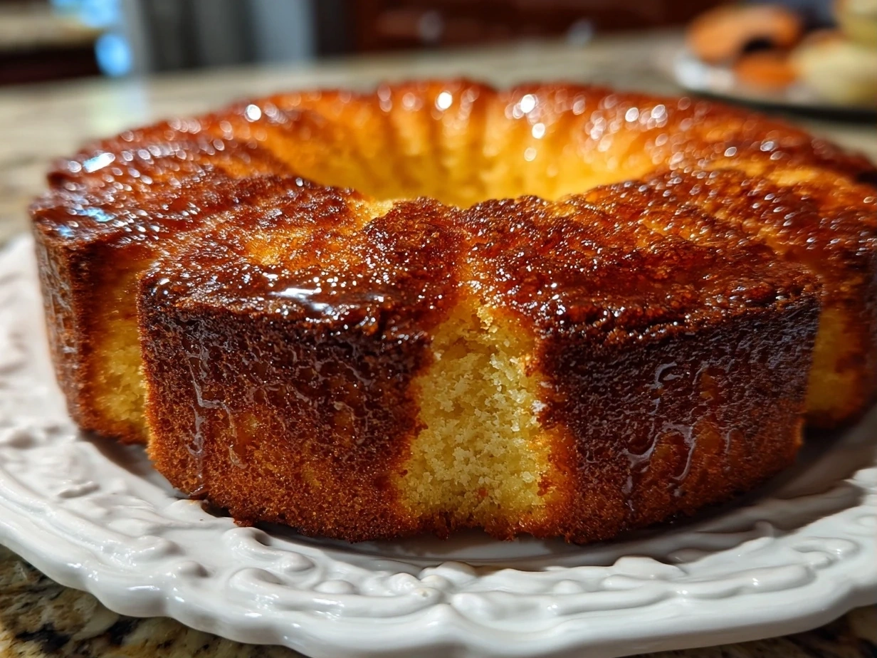 Close-up of a freshly baked French Butter Cake showing its moist golden crumb