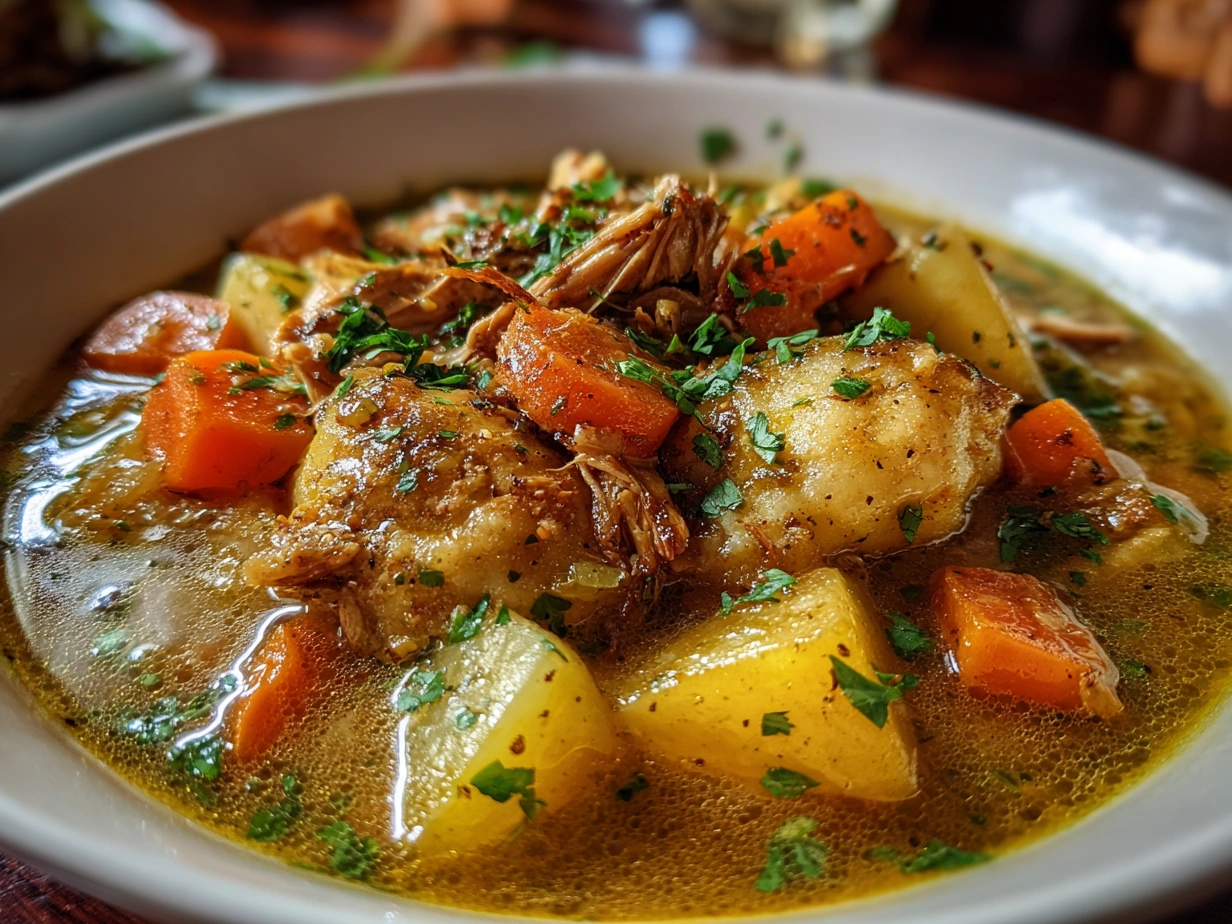 Close up of finished hearty Chicken and Dumplings in a bowl