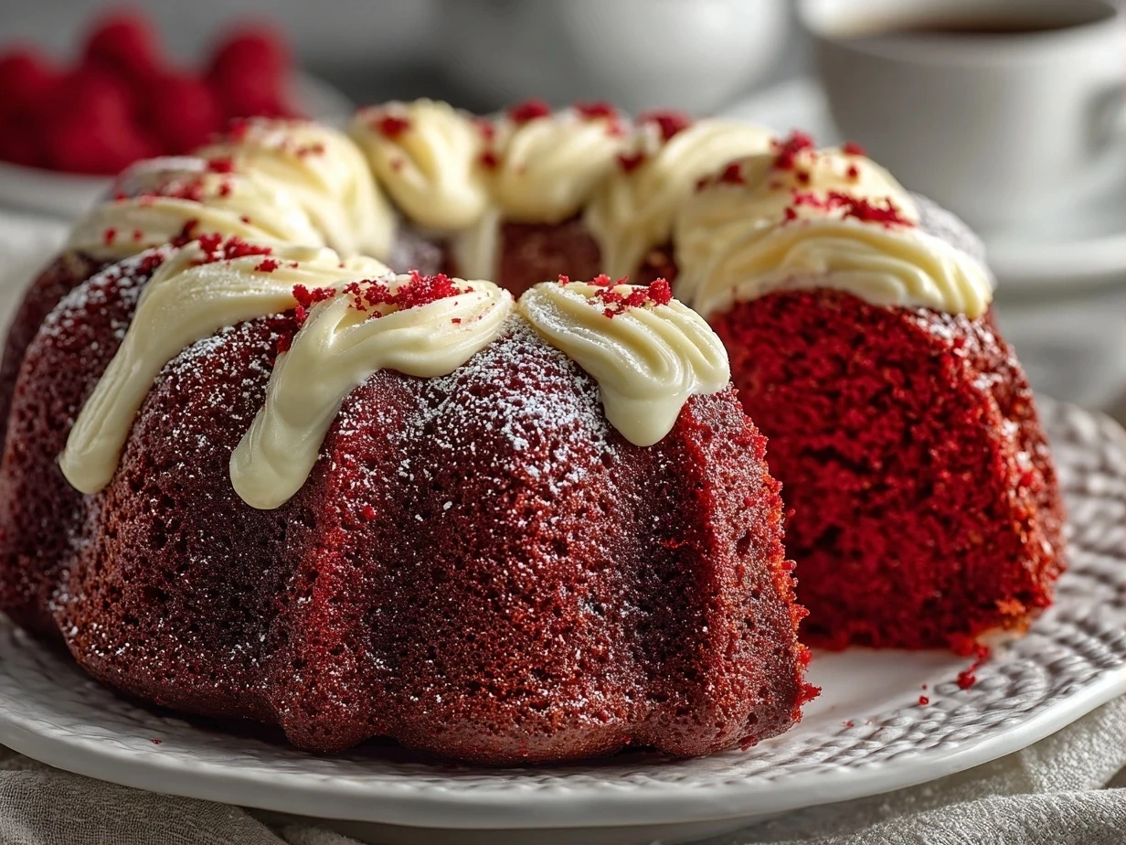 Close-up of finished Red Velvet Cream Cheese Bundt Cake with cream cheese frosting