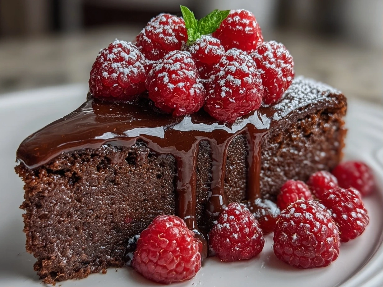 A finished slice of chocolate raspberry cake close up