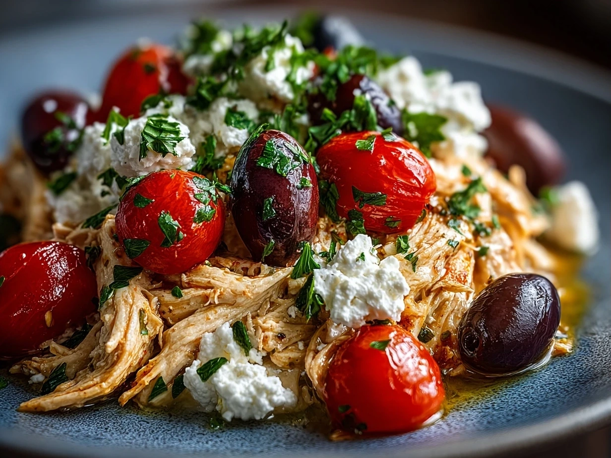 Finished Slow Cooker Greek Chicken dish ready to serve