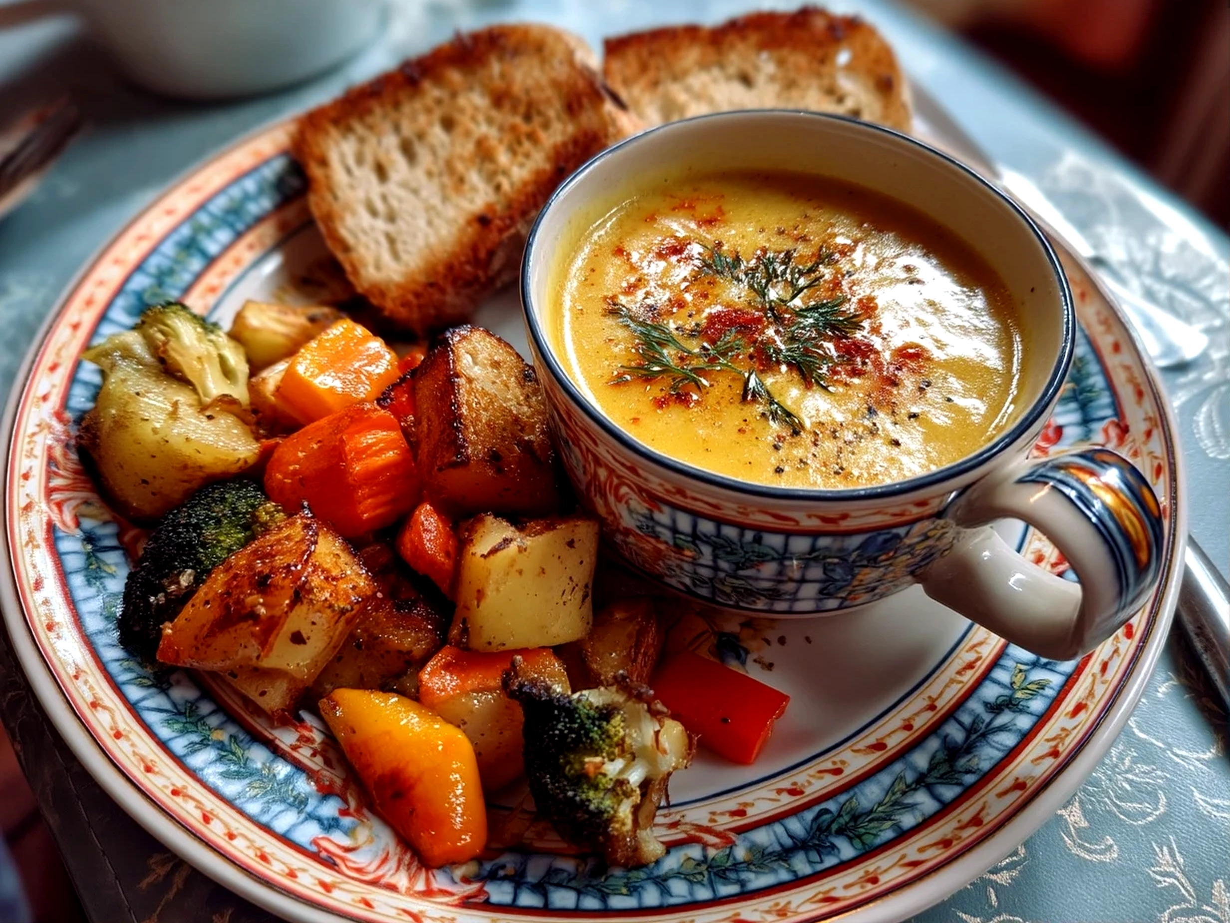 Close-up of finished delicious roasted veg soup in a bowl