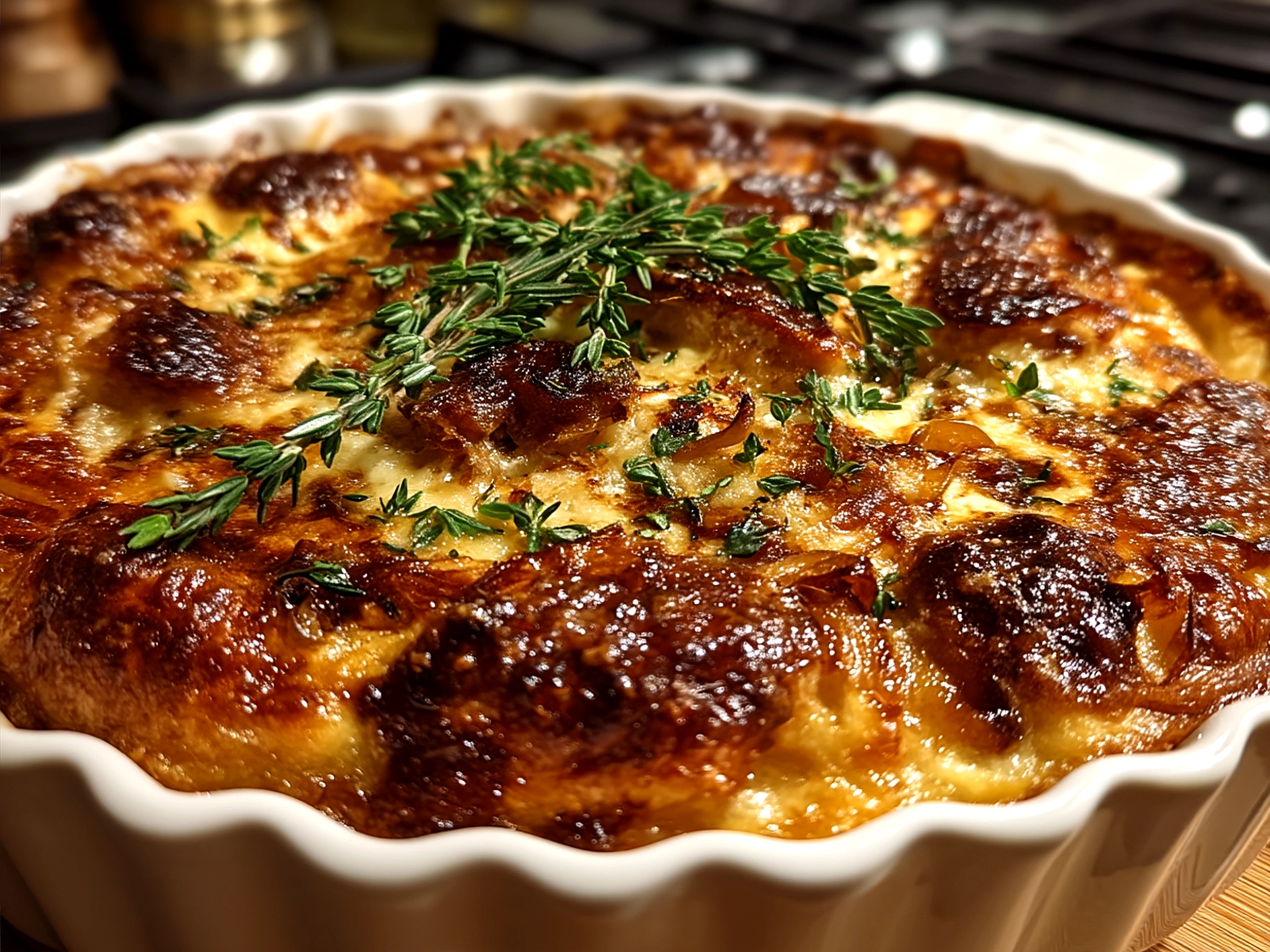 French Onion Chicken Bake served on plate with fresh herbs and side salad