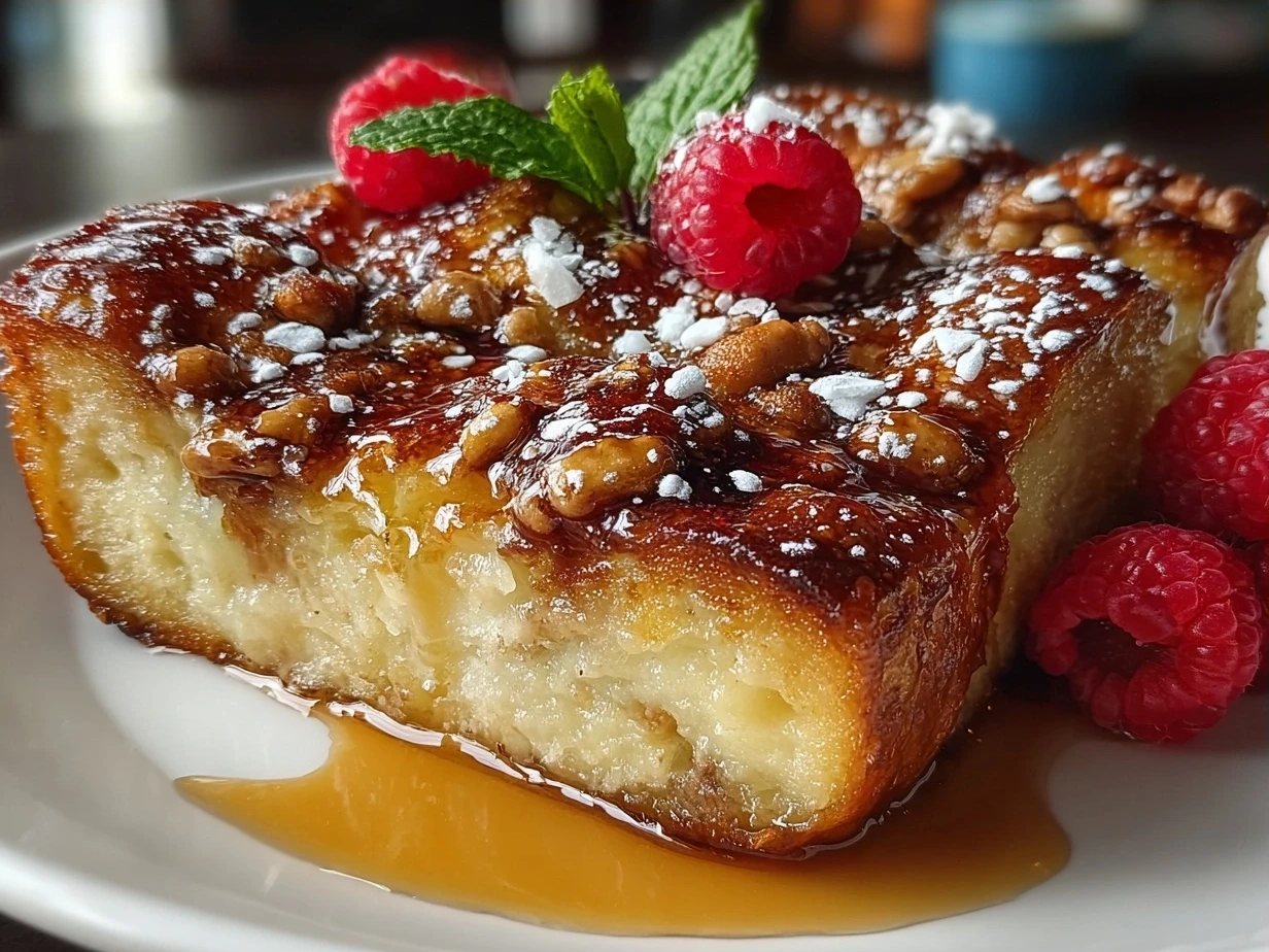 Freshly baked French Toast Bake resting on a table ready to serve
